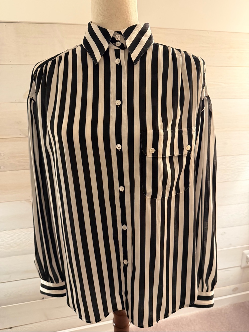 Liz Claiborne Black and White Vertical Stripe Button-Up Blouse
